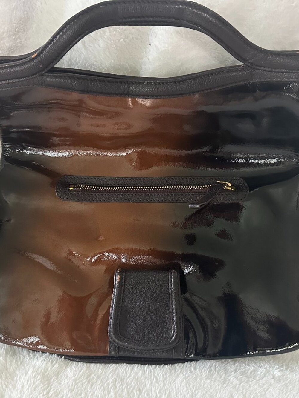 Elliott Lucca Ombré Patent Leather Fold-Over Bag with Tassel & Strap
